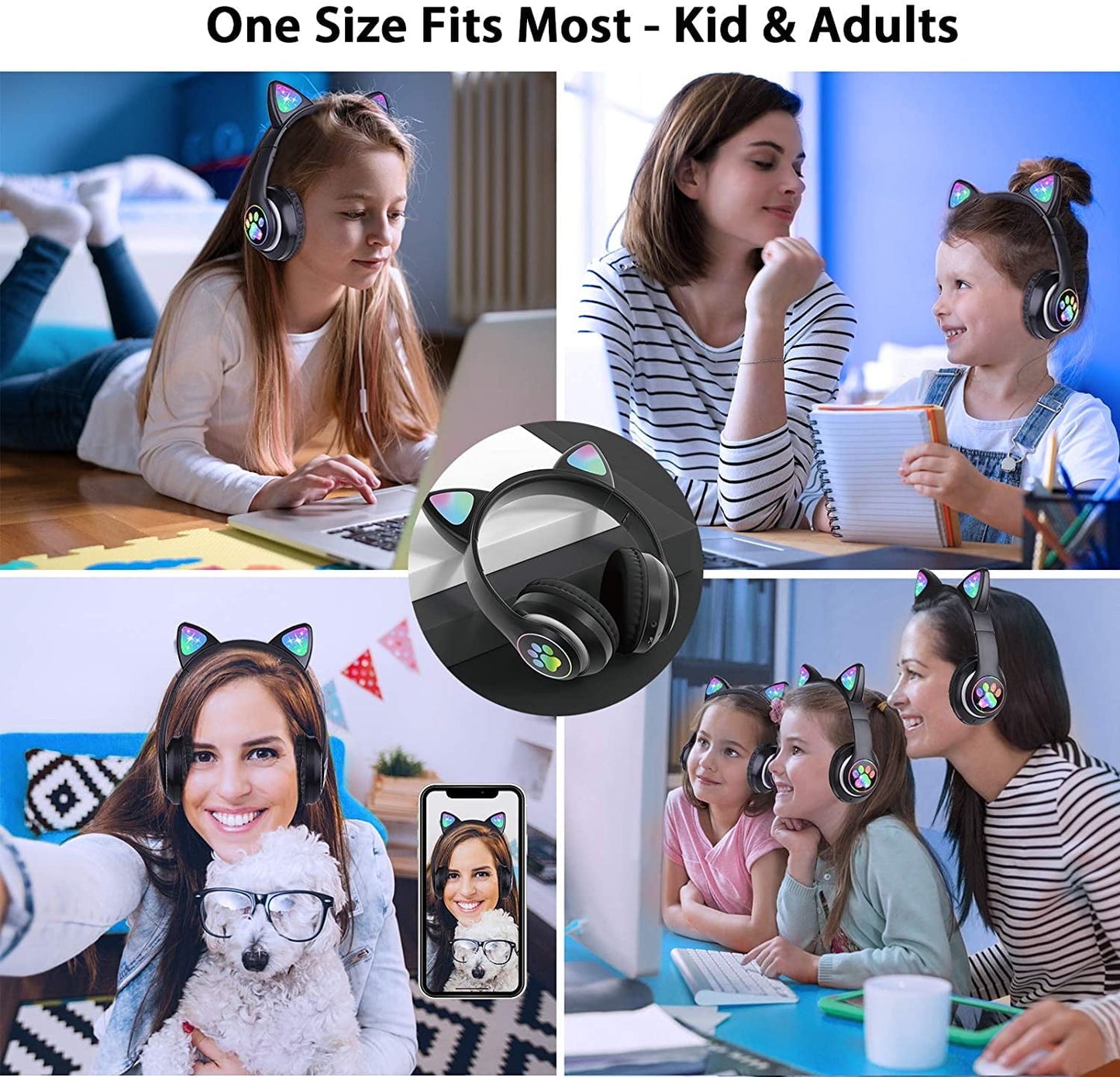 Fun and Stylish Cat Ear Wireless Headphones for Kids - LED Light Up Bluetooth Over-Ear Headphones in Black