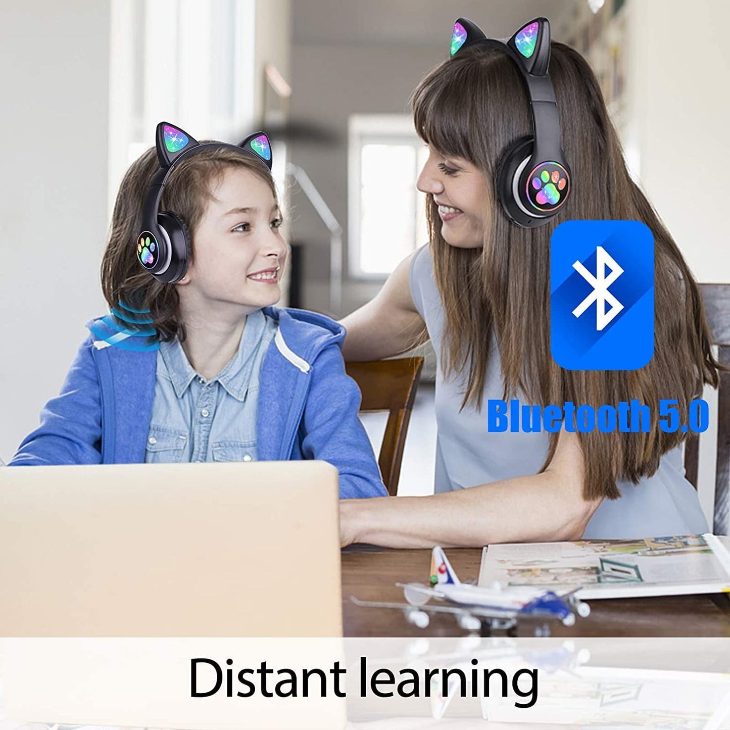 Fun and Stylish Cat Ear Wireless Headphones for Kids - LED Light Up Bluetooth Over-Ear Headphones in Black