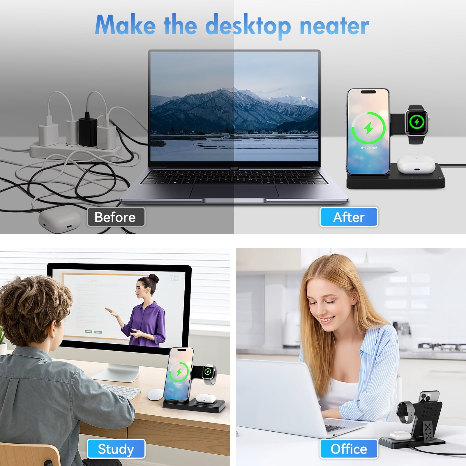 15W 3-in-1 Wireless Charging Station for iPhone, Apple Watch, and AirPods - Fast, Convenient, and Sleek Design!