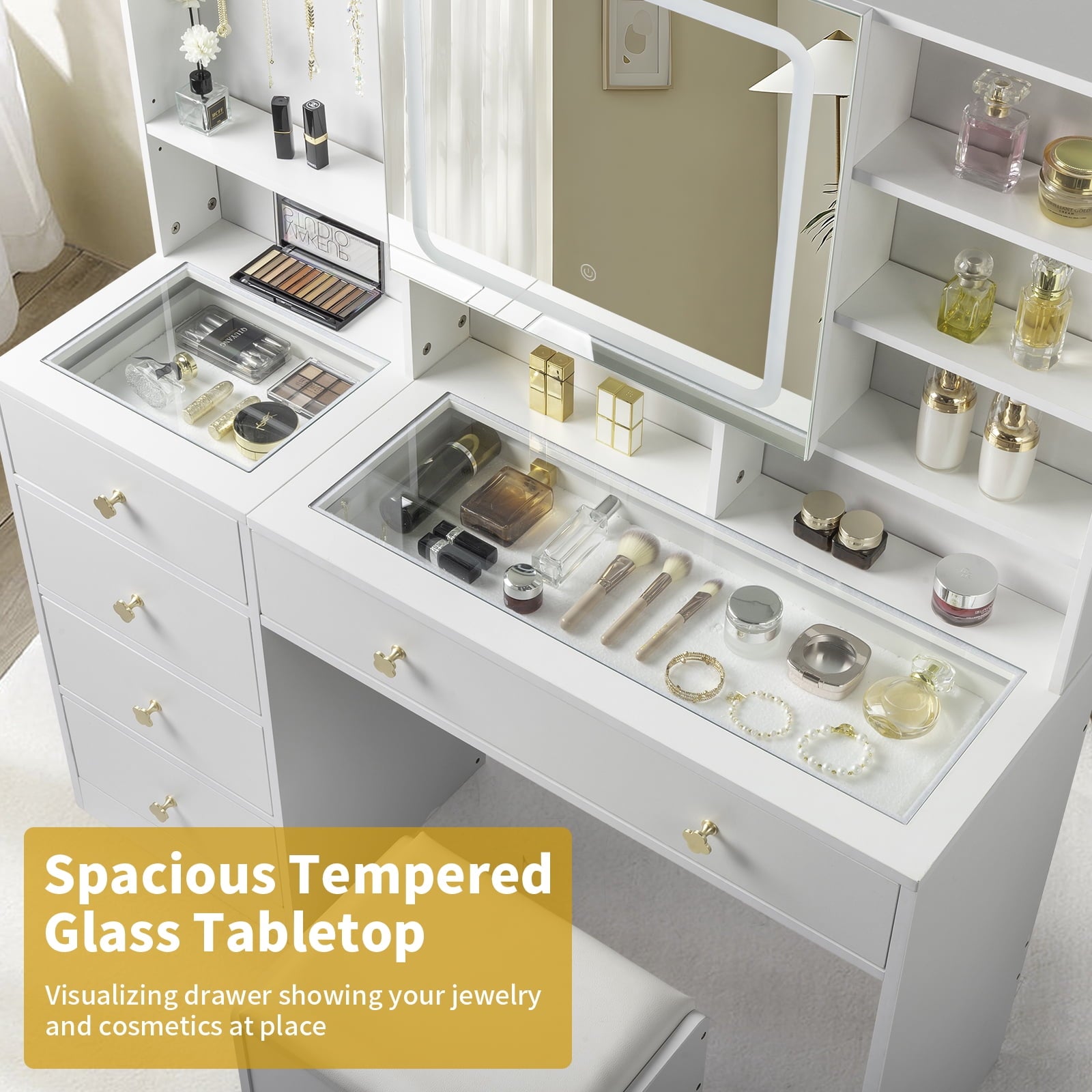 Elevate Your Beauty Routine with Our Large 47.2" Modern Makeup Vanity: 3 Color LED Lights, USB Charging Station, and Ample Storage!