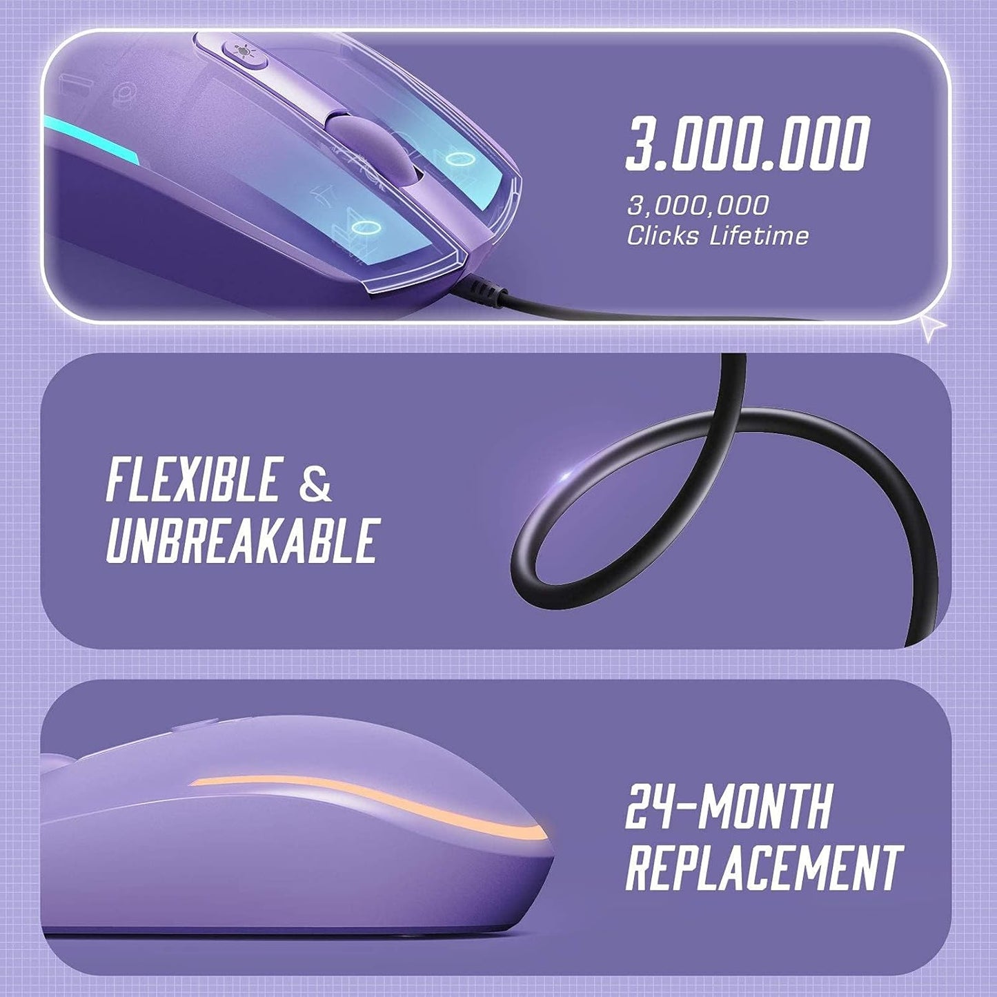 Vibrant RGB Wired Mouse - Enhance Your Workspace with a Colorful Optical LED Design for Laptops and PCs - Purple