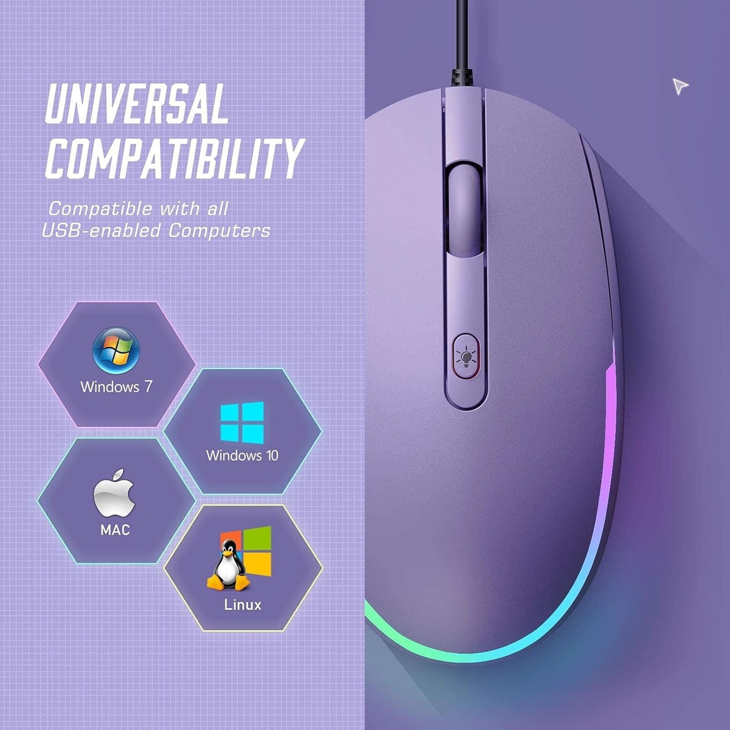 Vibrant RGB Wired Mouse - Enhance Your Workspace with a Colorful Optical LED Design for Laptops and PCs - Purple