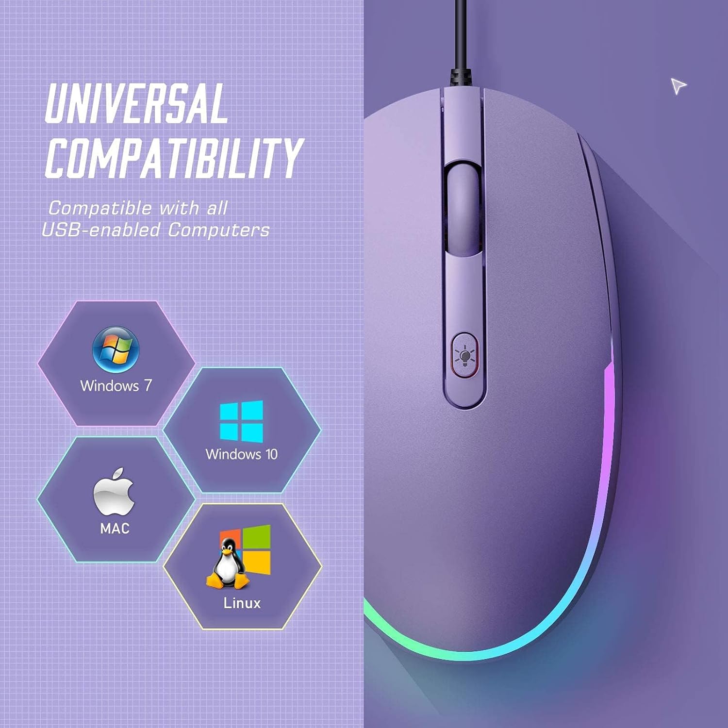 Vibrant RGB Wired Mouse - Enhance Your Workspace with a Colorful Optical LED Design for Laptops and PCs - Purple