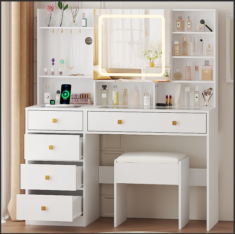 Elevate Your Beauty Routine with Our Large 47.2" Modern Makeup Vanity: 3 Color LED Lights, USB Charging Station, and Ample Storage!