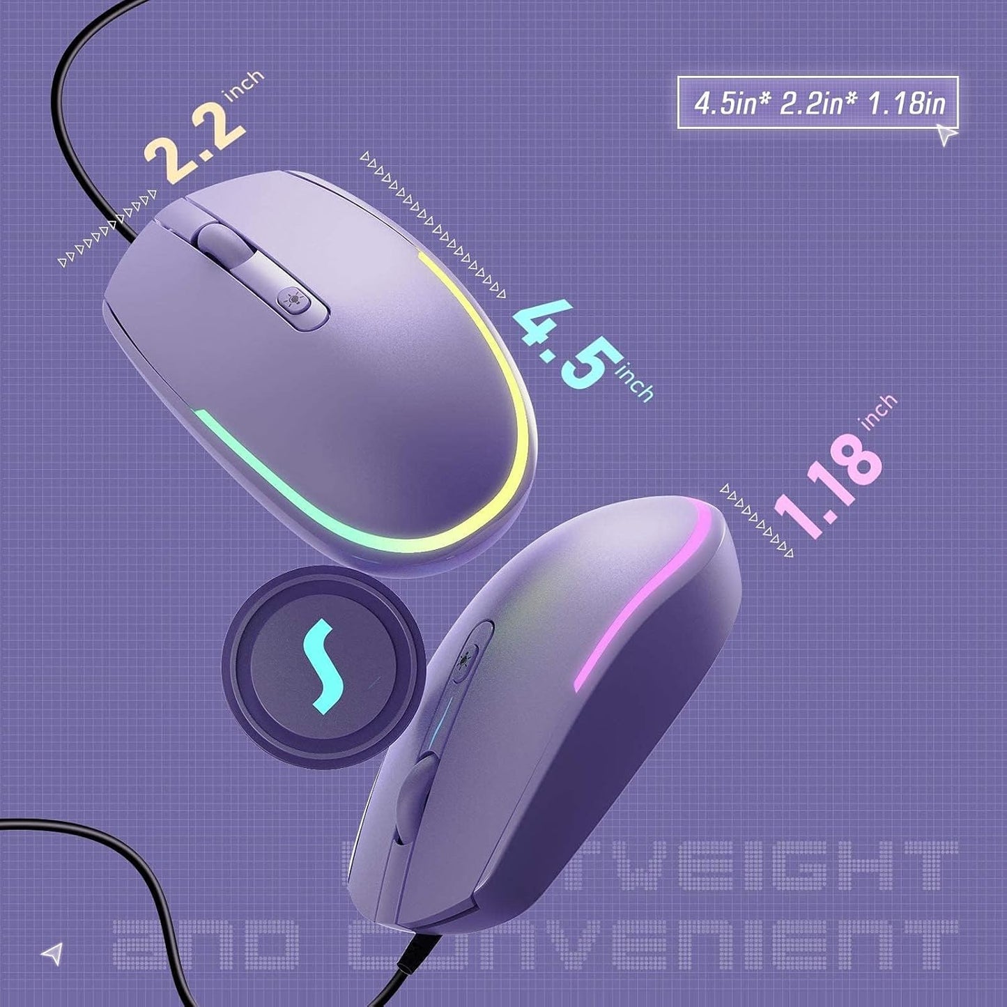 Vibrant RGB Wired Mouse - Enhance Your Workspace with a Colorful Optical LED Design for Laptops and PCs - Purple