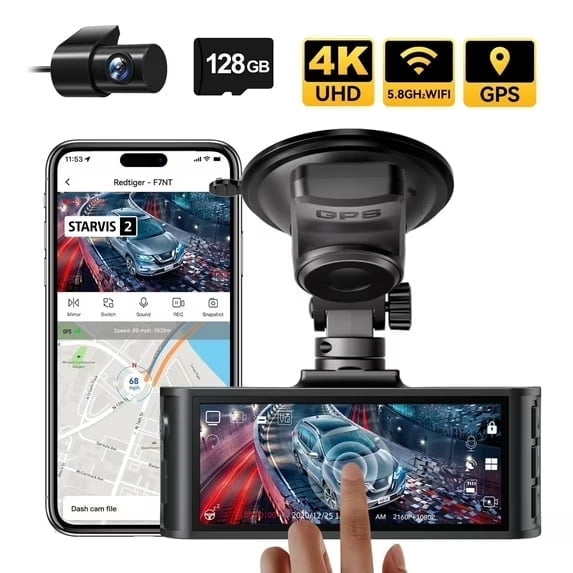 Advanced 4K Touch Screen Dash Cam with Dual Cameras, Built-in GPS, and Voice Control – Free 128GB Card Included!