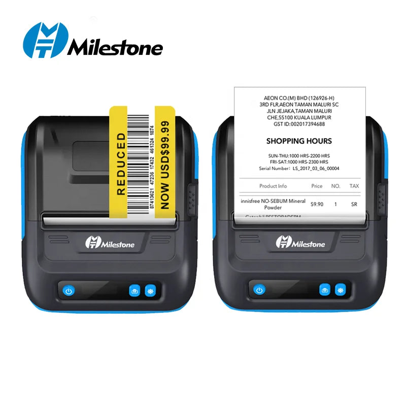 Milestone 80mm Portable Bluetooth Thermal Receipt Printer - Compact 2-in-1 Label & Receipt Printing Solution for Android & iOS