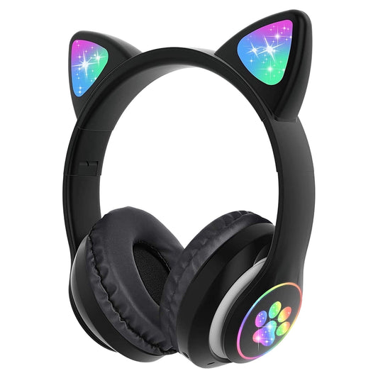 Fun and Stylish Cat Ear Wireless Headphones for Kids - LED Light Up Bluetooth Over-Ear Headphones in Black