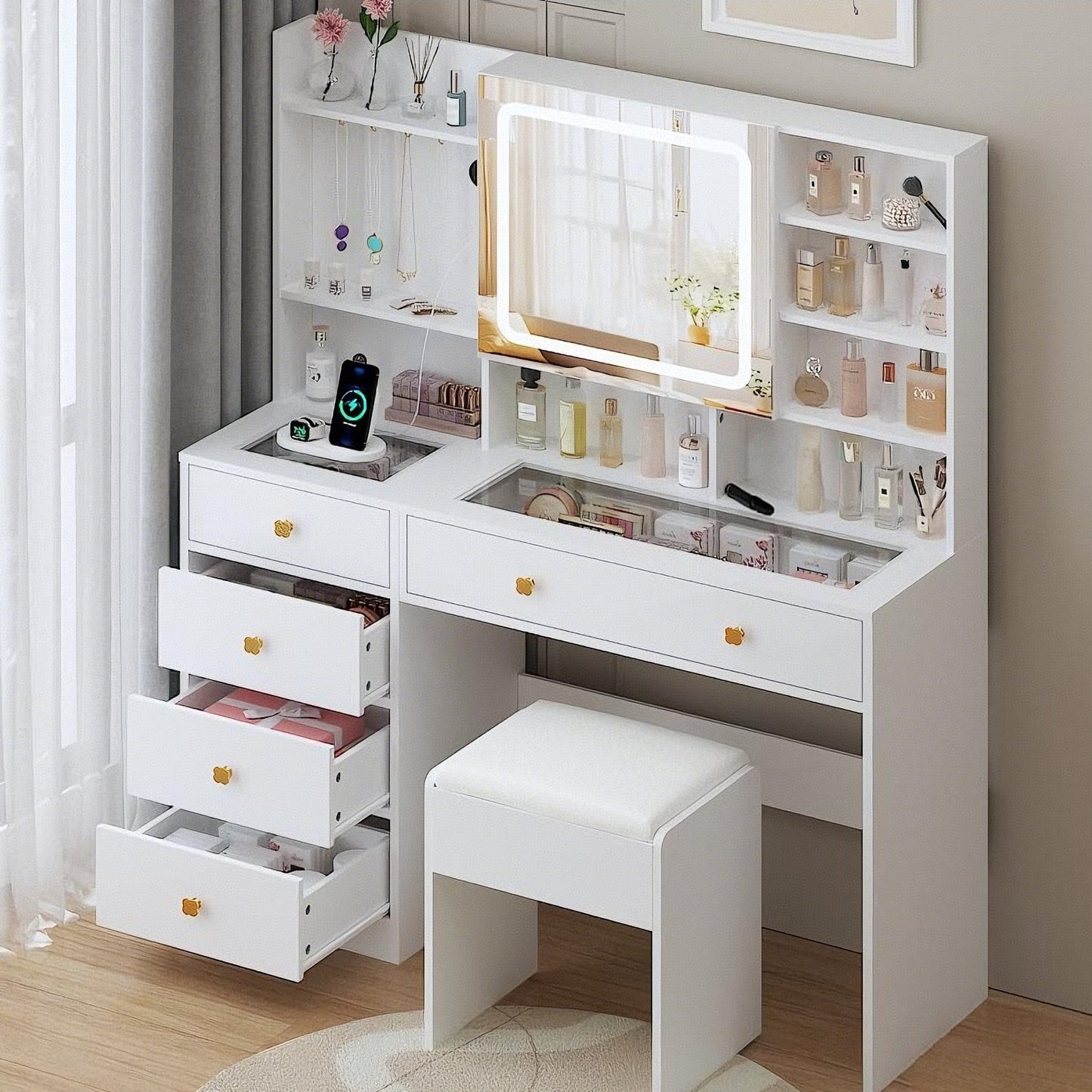 Elevate Your Beauty Routine with Our Large 47.2" Modern Makeup Vanity: 3 Color LED Lights, USB Charging Station, and Ample Storage!