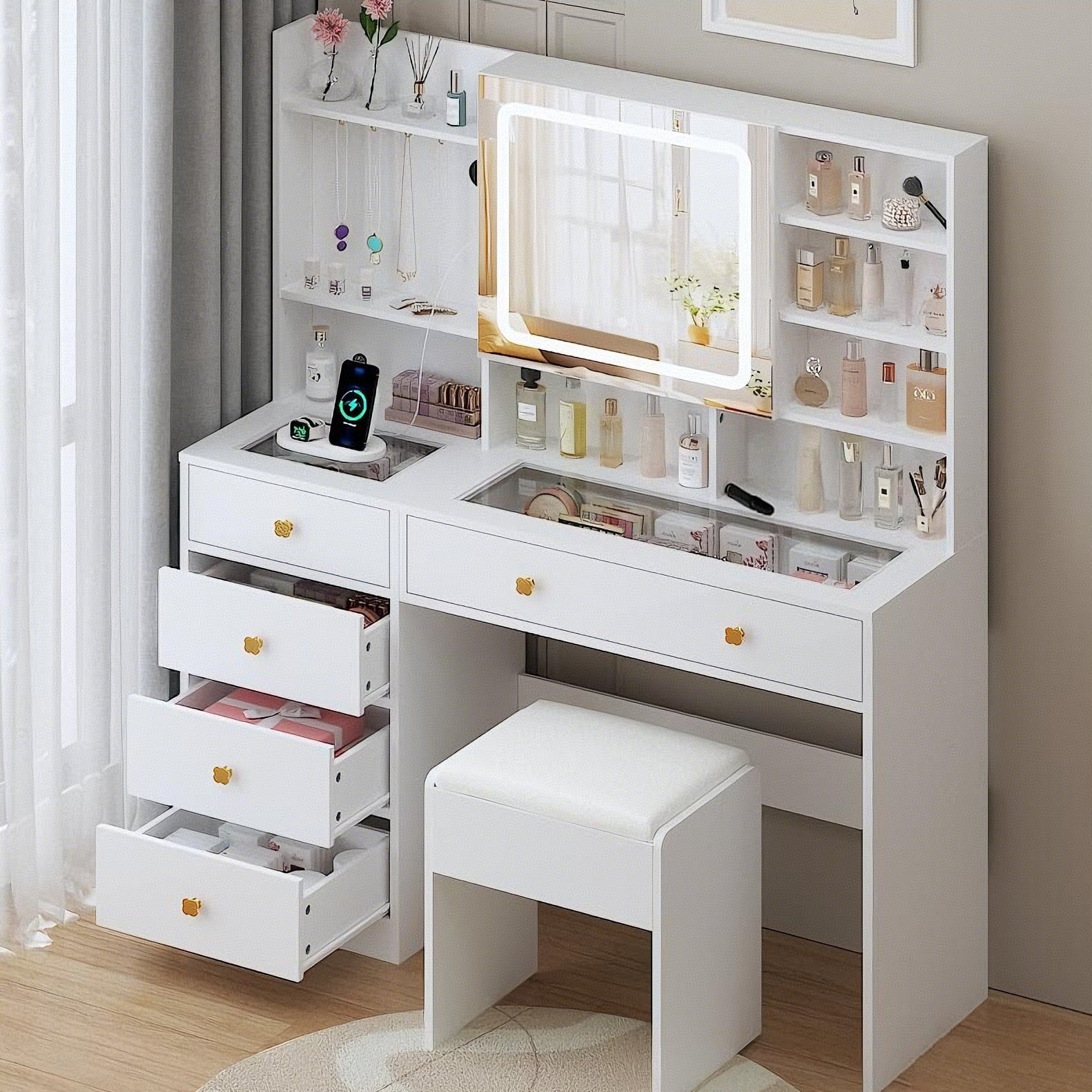Elevate Your Beauty Routine with Our Large 47.2" Modern Makeup Vanity: 3 Color LED Lights, USB Charging Station, and Ample Storage!