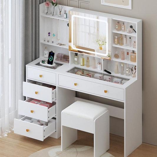 Elevate Your Beauty Routine with Our Large 47.2" Modern Makeup Vanity: 3 Color LED Lights, USB Charging Station, and Ample Storage!