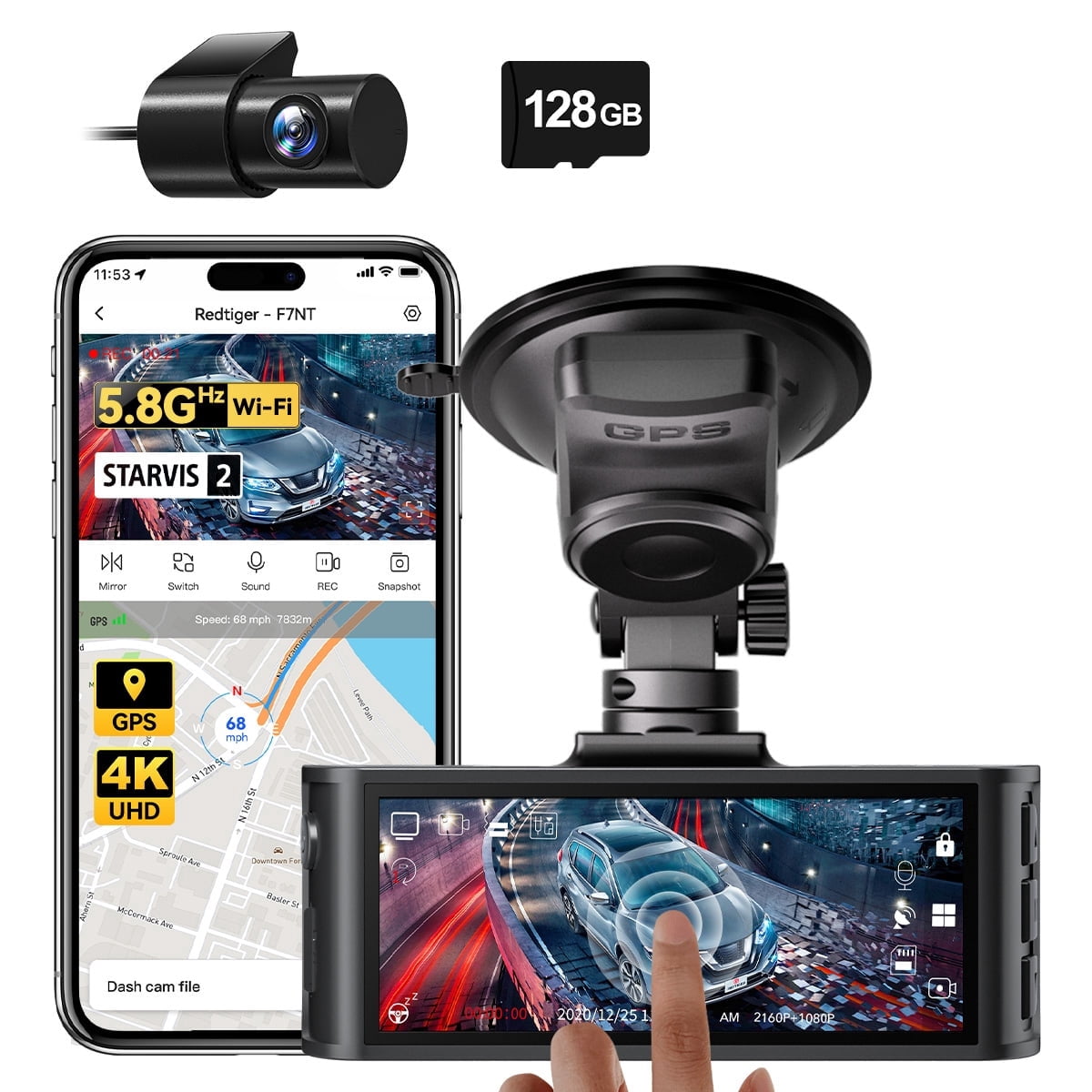 Advanced 4K Touch Screen Dash Cam with Dual Cameras, Built-in GPS, and Voice Control – Free 128GB Card Included!