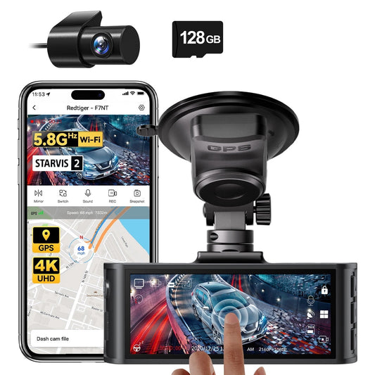 Advanced 4K Touch Screen Dash Cam with Dual Cameras, Built-in GPS, and Voice Control – Free 128GB Card Included!
