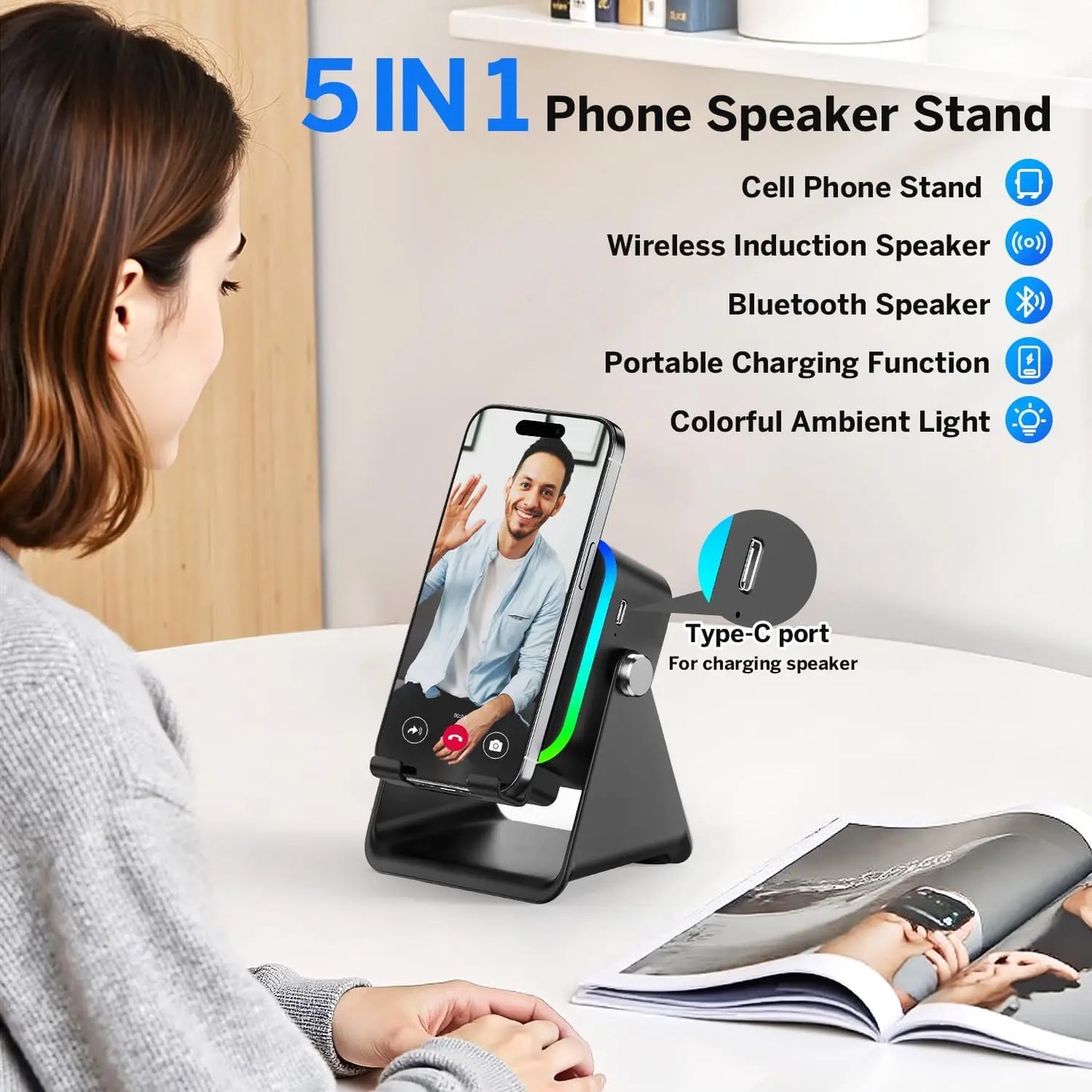 Experience Ultimate Sound with the NEW 5-in-1 Auto-Induction Wireless Speaker – RGB Light, Phone Stand & Surround Sound!