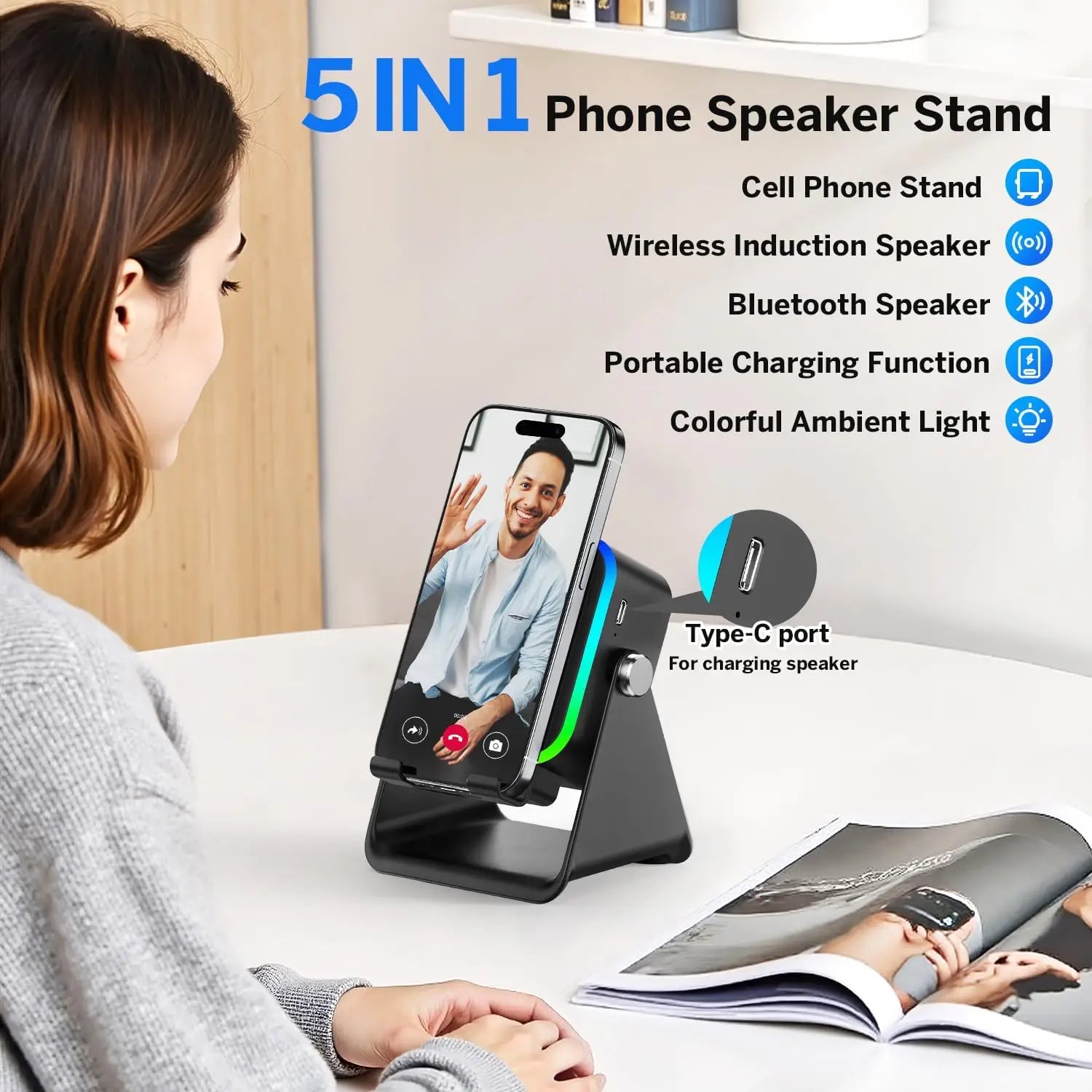 Experience Ultimate Sound with the NEW 5-in-1 Auto-Induction Wireless Speaker – RGB Light, Phone Stand & Surround Sound!