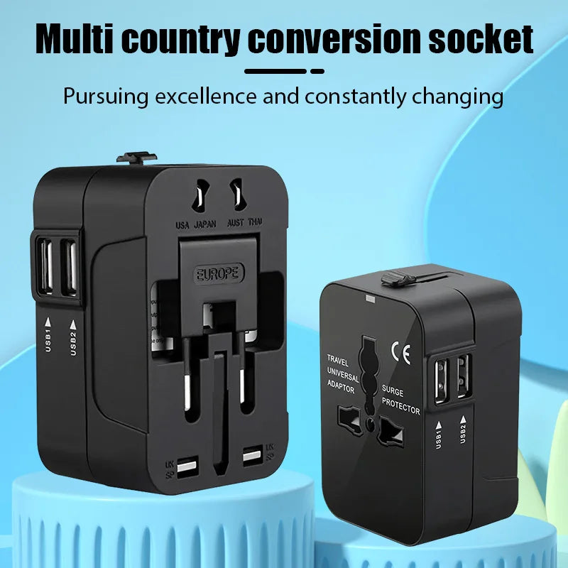 Travel Anywhere with Our Universal Travel Adapter: EU, UK, US, AU Power Charger with Dual USB Ports!
