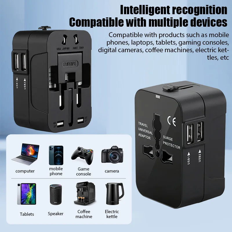 Travel Anywhere with Our Universal Travel Adapter: EU, UK, US, AU Power Charger with Dual USB Ports!