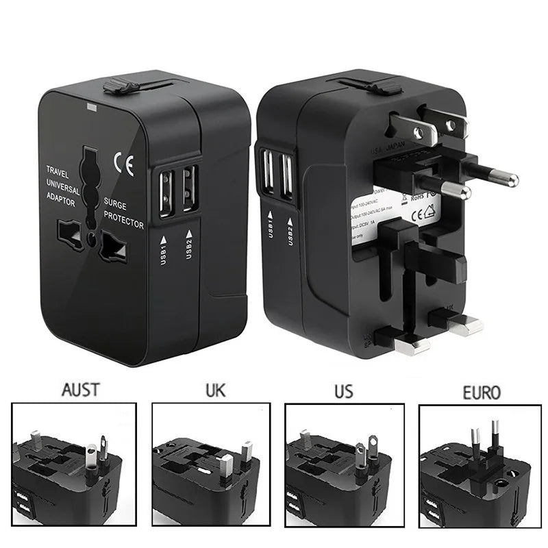 Travel Anywhere with Our Universal Travel Adapter: EU, UK, US, AU Power Charger with Dual USB Ports!