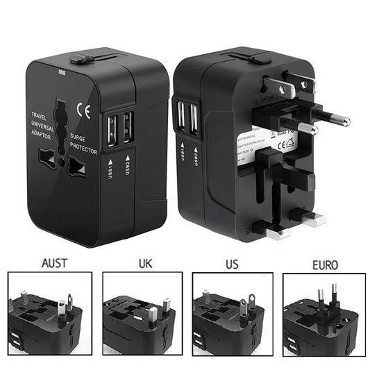 Travel Anywhere with Our Universal Travel Adapter: EU, UK, US, AU Power Charger with Dual USB Ports!