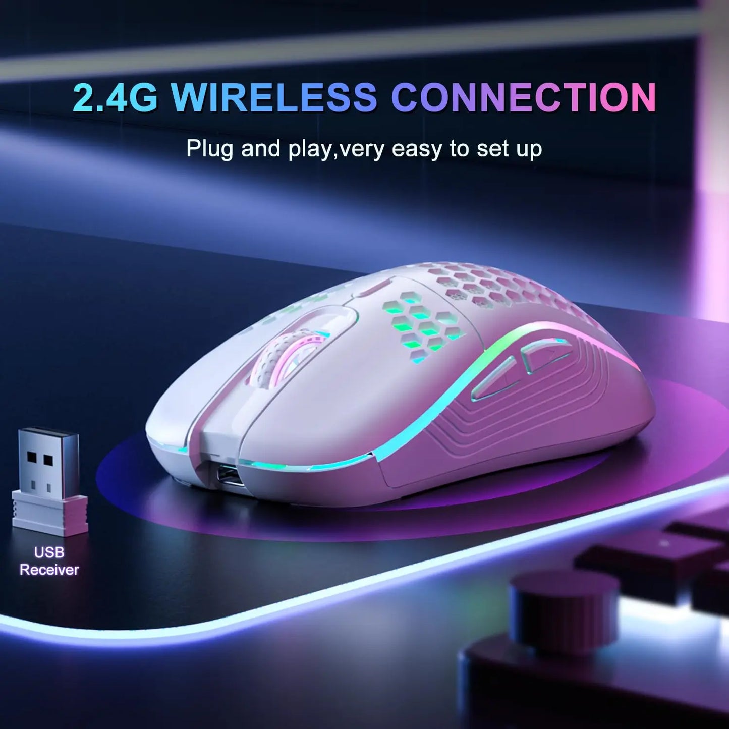Experience Ultimate Gaming Precision with the 2.4G Wireless RGB Backlit Mouse - Ergonomic Honeycomb Design, 6 Buttons, and Rechargeable Convenience