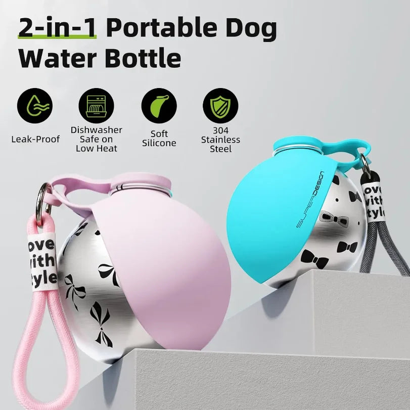 Portable Leak-Proof Dog Water Bottle for Small Dogs - Compact Stainless Steel Bottle with Silicone Bowl for On-the-Go Hydration