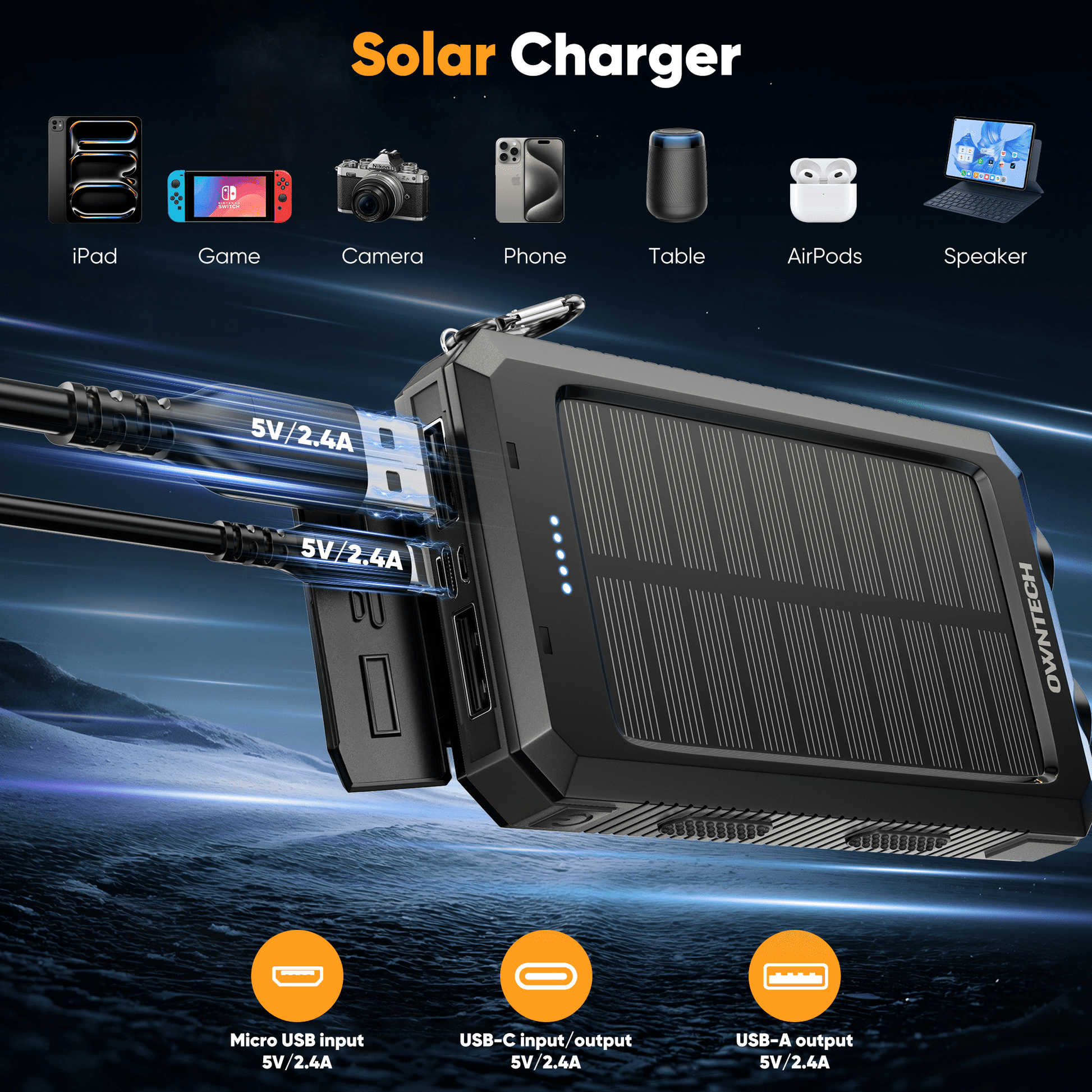 Ultimate 20000mAh Solar Power Bank: Dual USB Charging, LED Flashlight & Compass for Adventurers