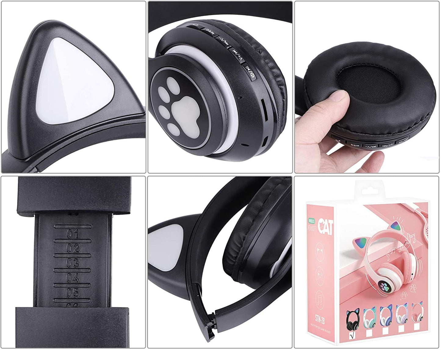 Fun and Stylish Cat Ear Wireless Headphones for Kids - LED Light Up Bluetooth Over-Ear Headphones in Black