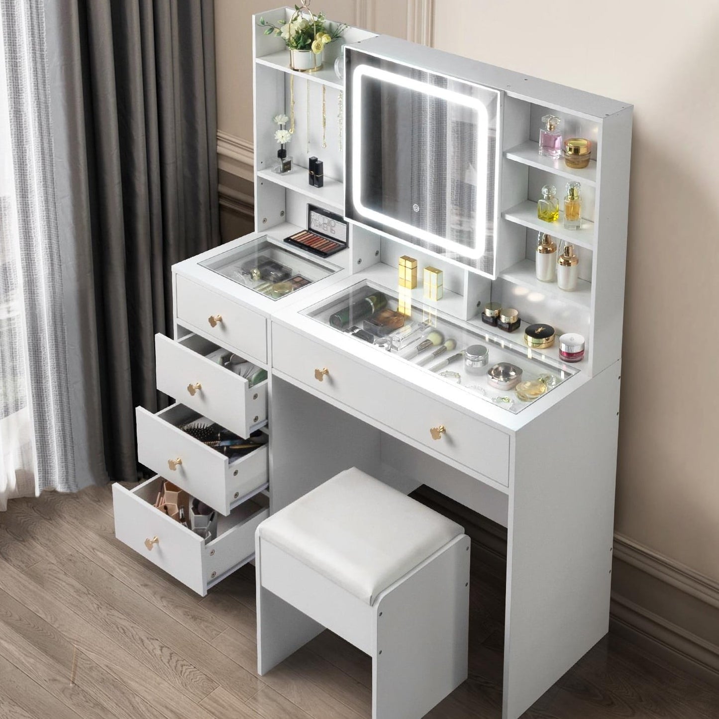 Elevate Your Beauty Routine with Our Large 47.2" Modern Makeup Vanity: 3 Color LED Lights, USB Charging Station, and Ample Storage!