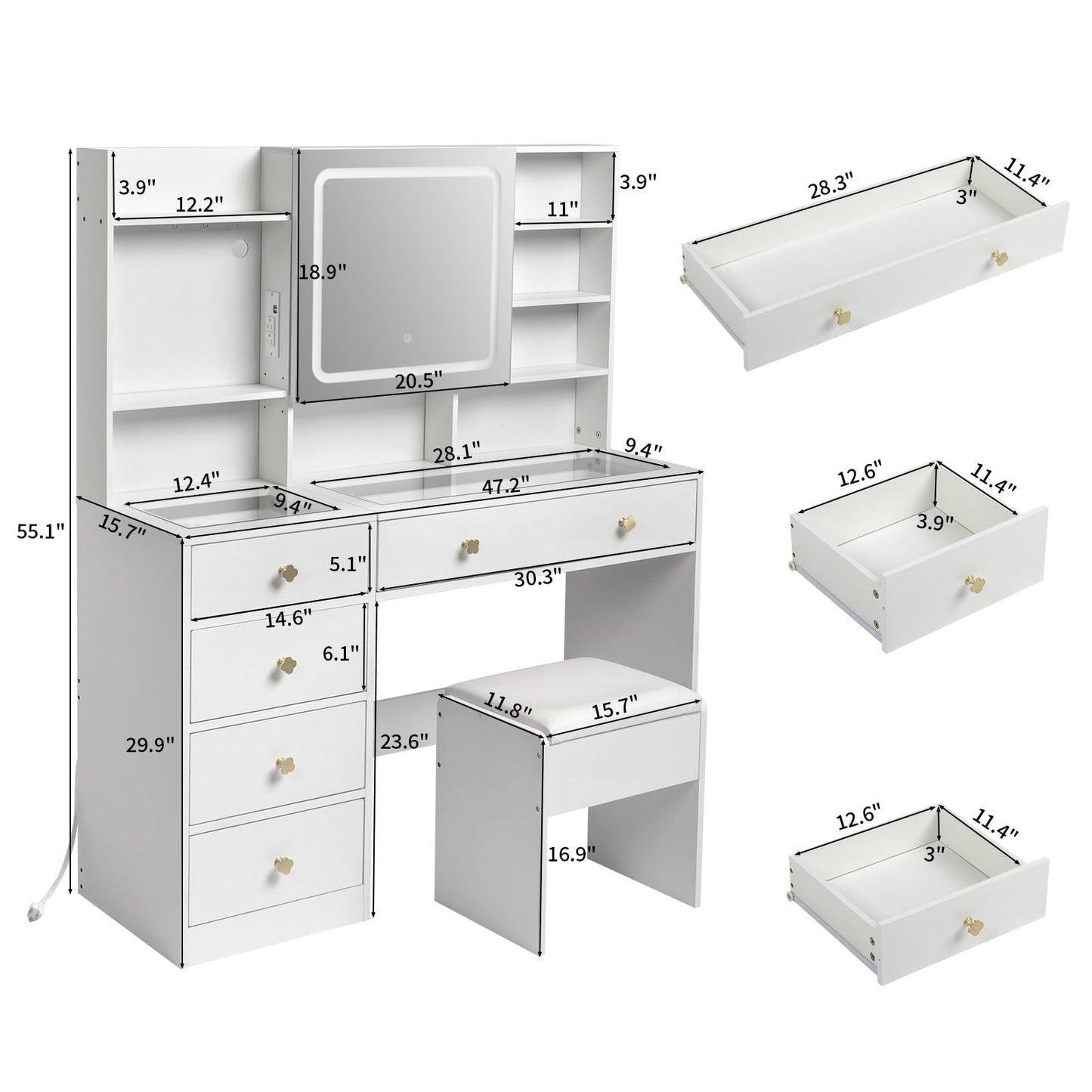 Elevate Your Beauty Routine with Our Large 47.2" Modern Makeup Vanity: 3 Color LED Lights, USB Charging Station, and Ample Storage!