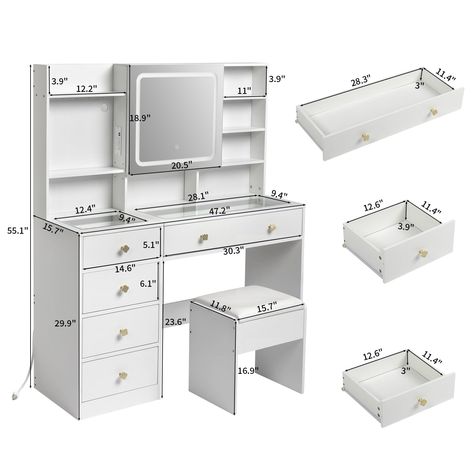 Elevate Your Beauty Routine with Our Large 47.2" Modern Makeup Vanity: 3 Color LED Lights, USB Charging Station, and Ample Storage!