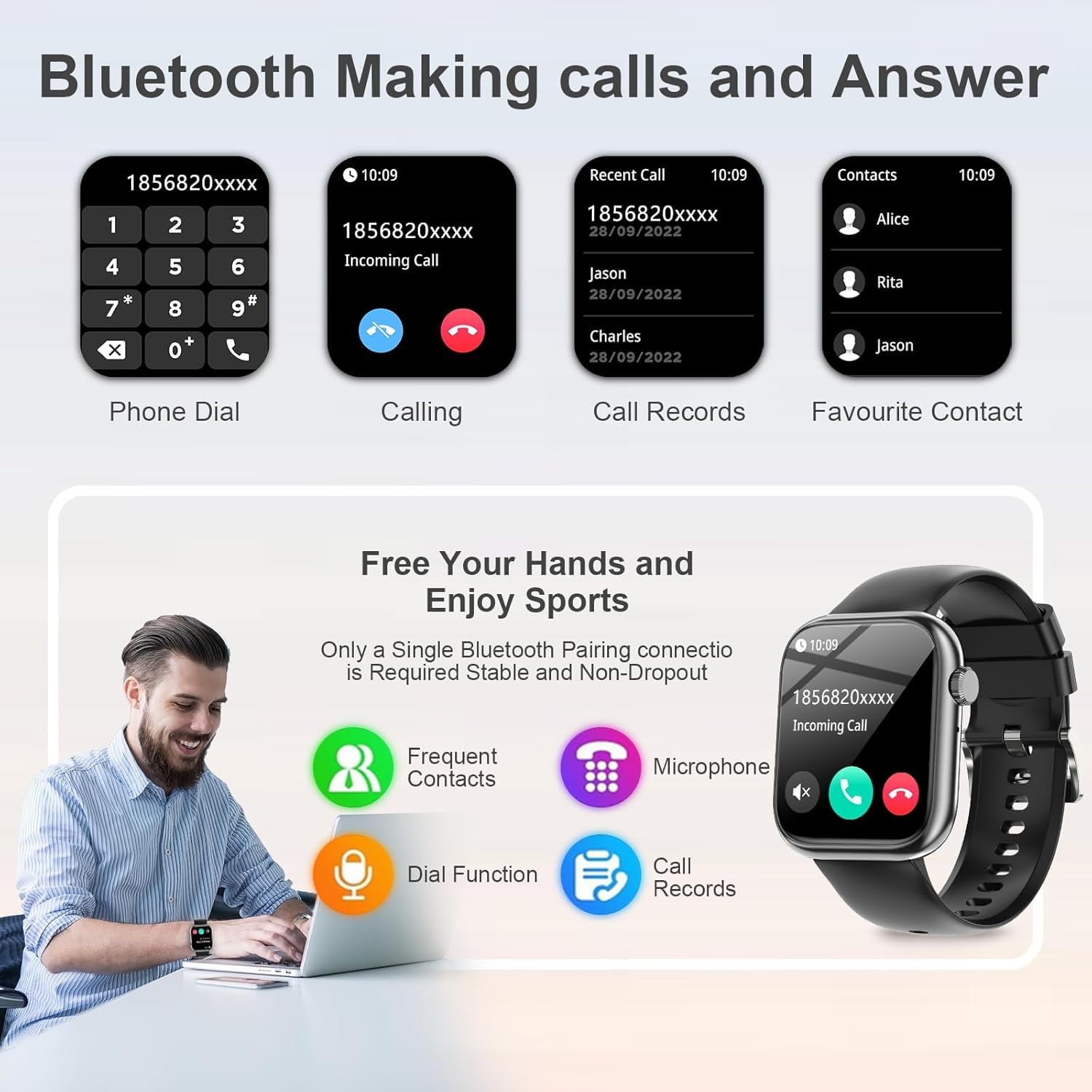Revolutionary Smart Watch for Calls, Music & Fitness - Bluetooth Connectivity for iOS & Android - Unisex Black Design