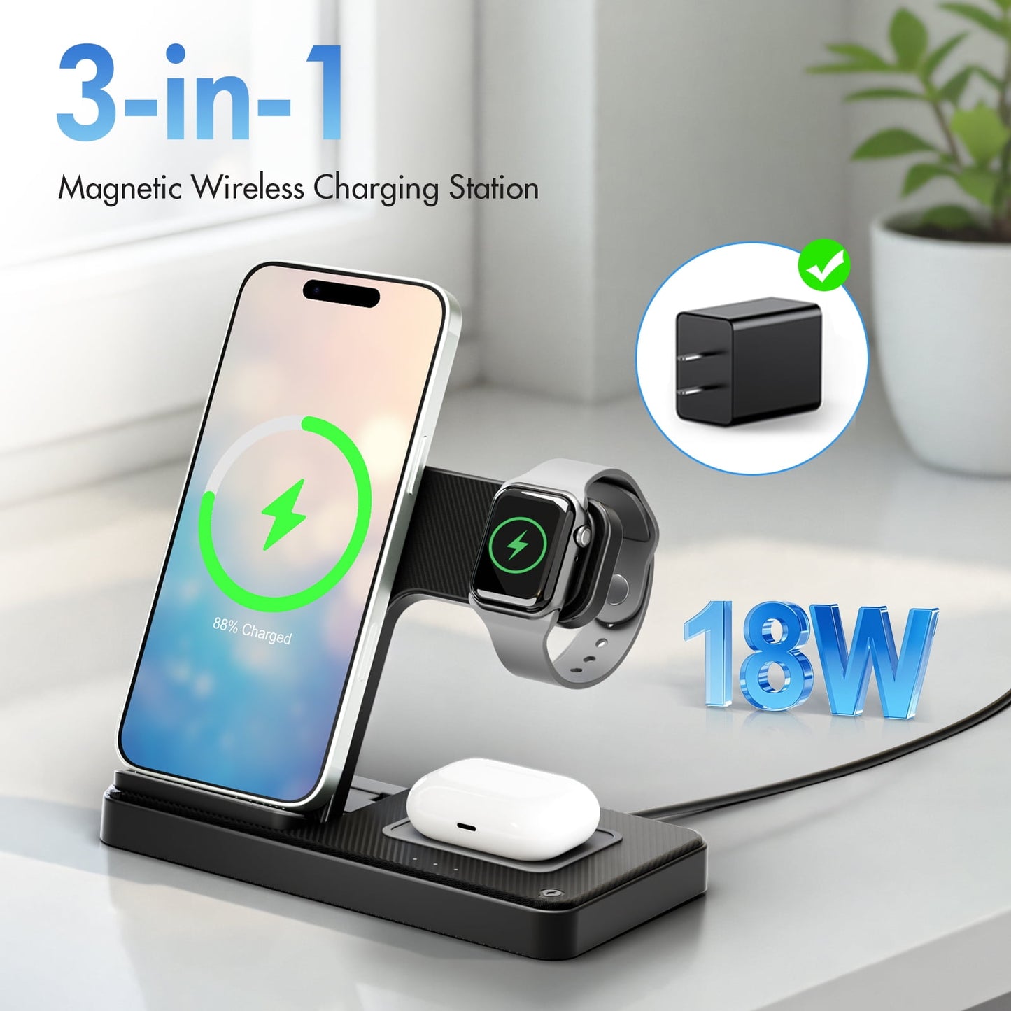 15W 3-in-1 Wireless Charging Station for iPhone, Apple Watch, and AirPods - Fast, Convenient, and Sleek Design!