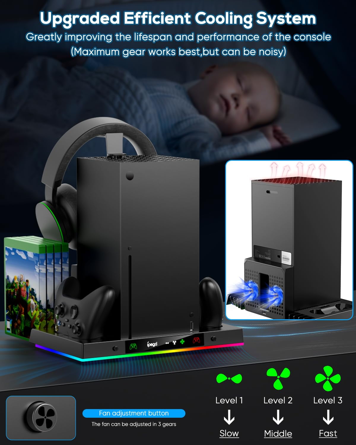 Revolutionize Your Gaming Setup with the Upgraded RGB Cooling Fan Charging Station for Xbox Series X - Dual Wireless Charger & Cooler Stand with 15 Dynamic Light Modes!