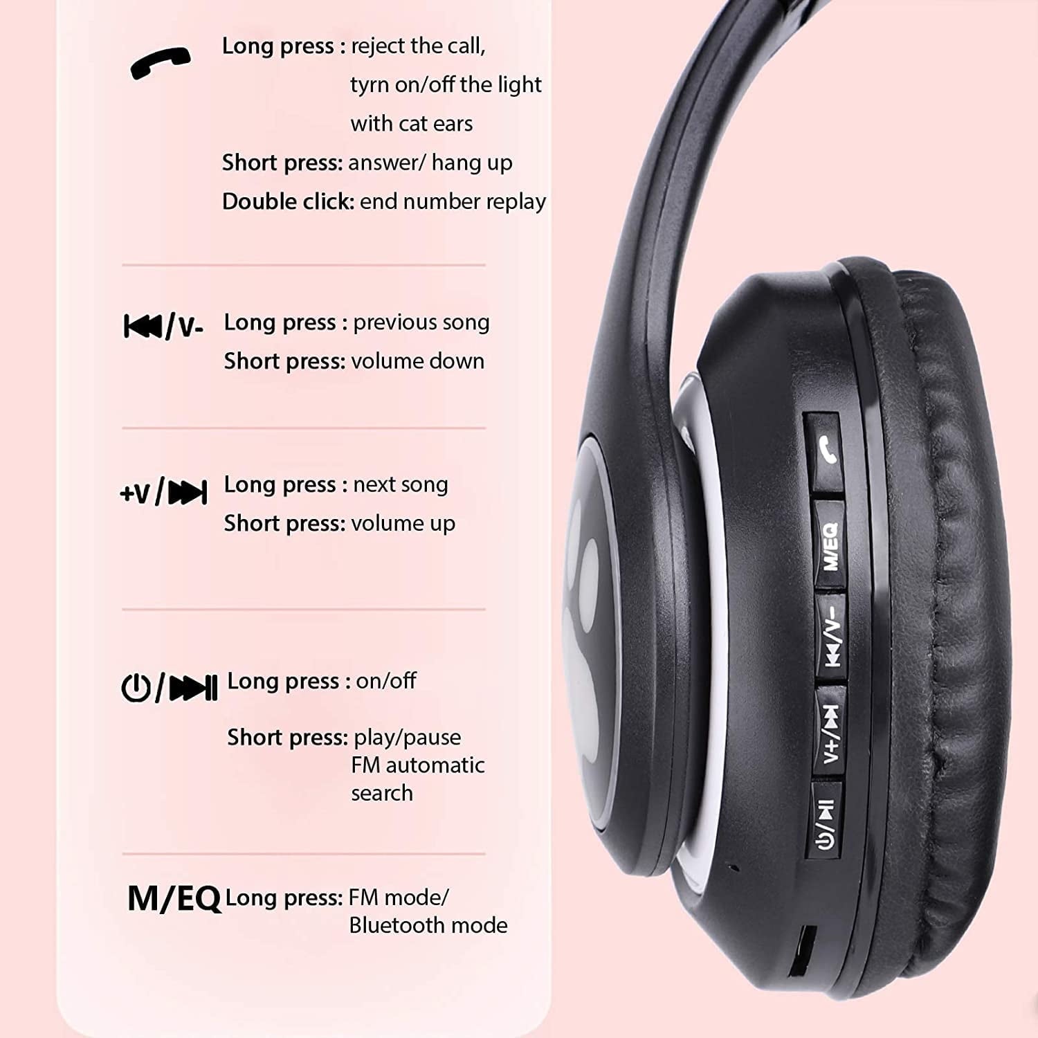 Fun and Stylish Cat Ear Wireless Headphones for Kids - LED Light Up Bluetooth Over-Ear Headphones in Black