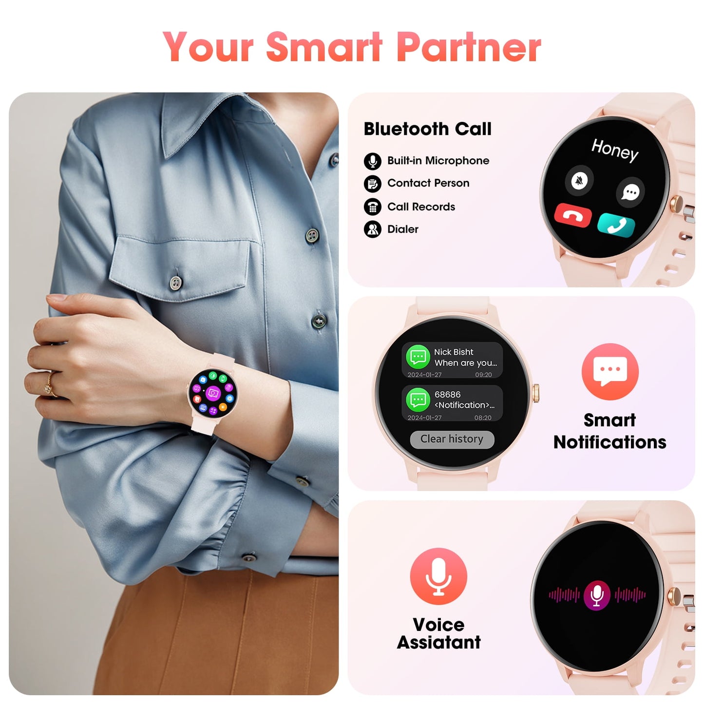 Stylish Pink Smart Watch with 1.39" Touch Display - Fitness Tracker, IP68 Waterproof, and Call Functionality for Android & iOS