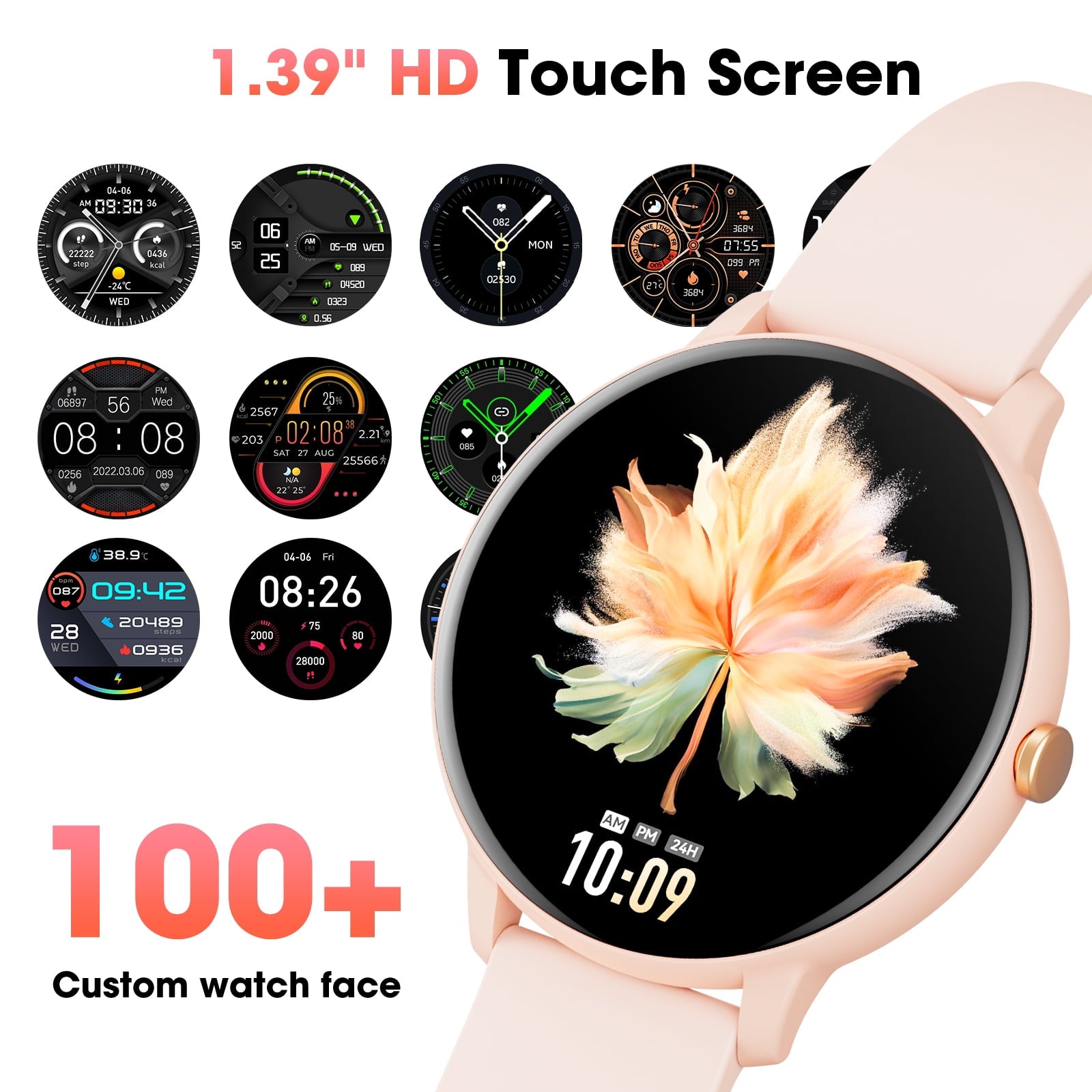 Stylish Pink Smart Watch with 1.39" Touch Display - Fitness Tracker, IP68 Waterproof, and Call Functionality for Android & iOS