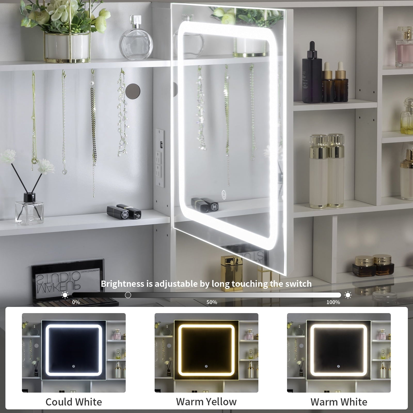 Elevate Your Beauty Routine with Our Large 47.2" Modern Makeup Vanity: 3 Color LED Lights, USB Charging Station, and Ample Storage!