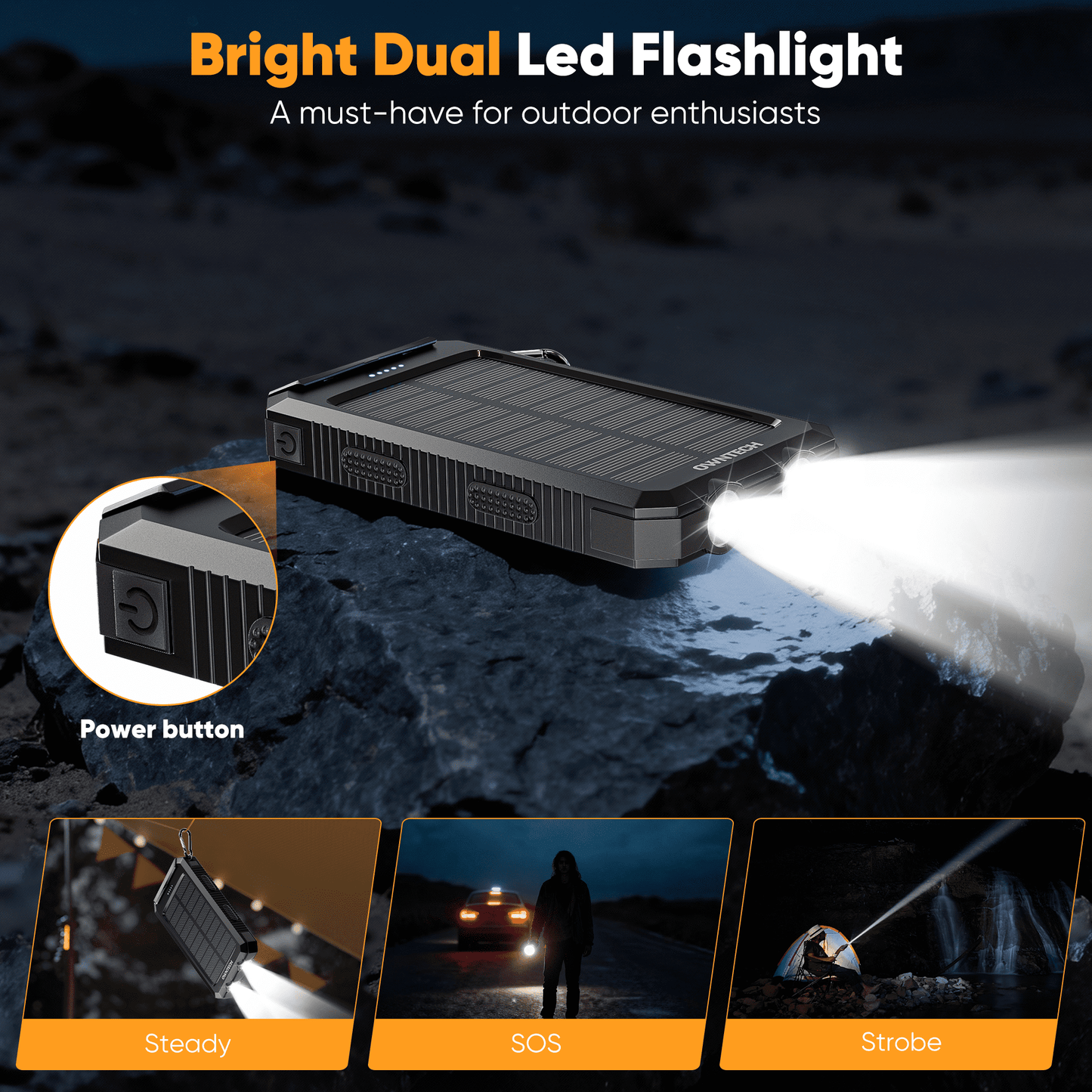 Ultimate 20000mAh Solar Power Bank: Dual USB Charging, LED Flashlight & Compass for Adventurers