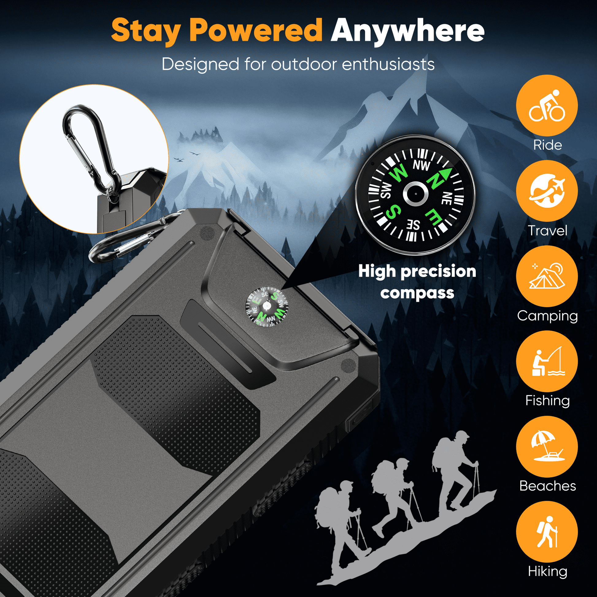 Ultimate 20000mAh Solar Power Bank: Dual USB Charging, LED Flashlight & Compass for Adventurers