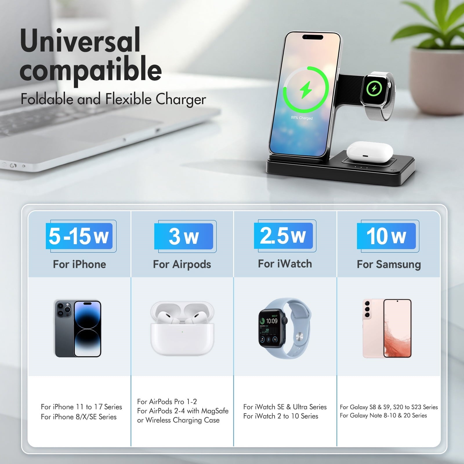 15W 3-in-1 Wireless Charging Station for iPhone, Apple Watch, and AirPods - Fast, Convenient, and Sleek Design!