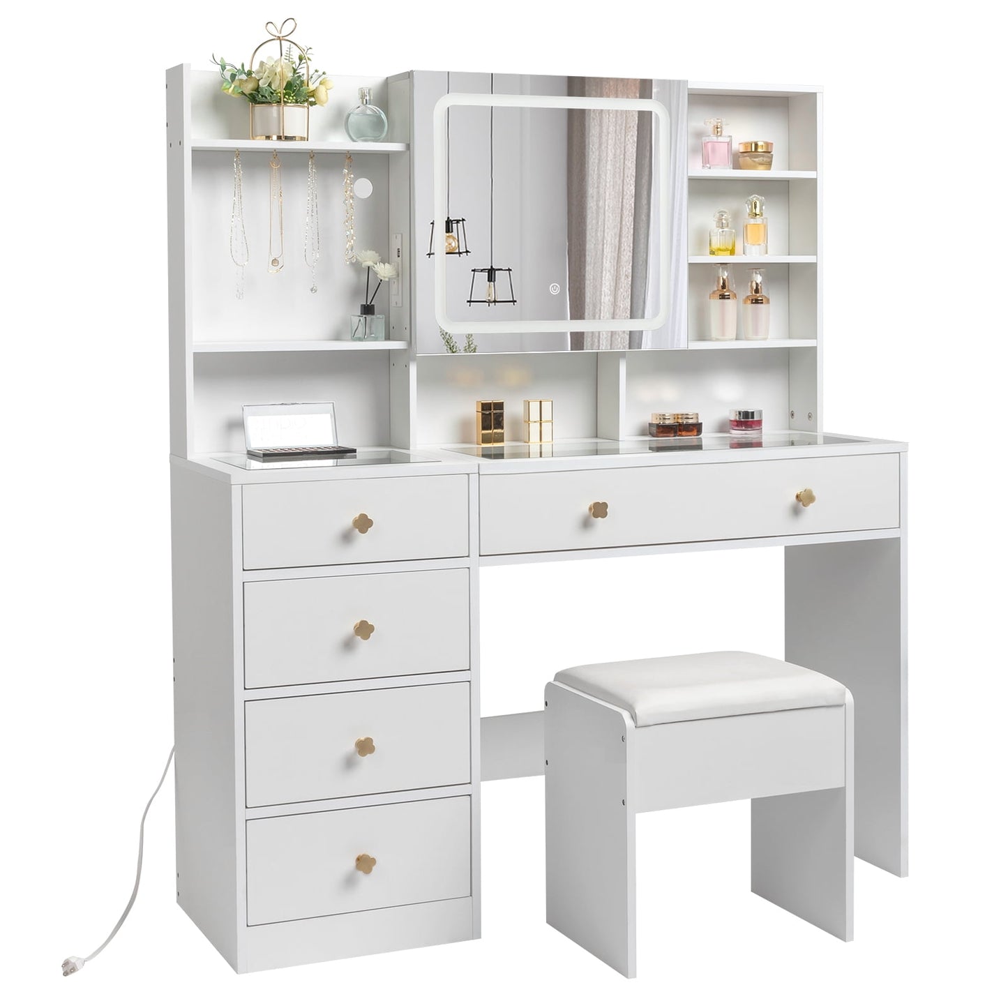 Elevate Your Beauty Routine with Our Large 47.2" Modern Makeup Vanity: 3 Color LED Lights, USB Charging Station, and Ample Storage!
