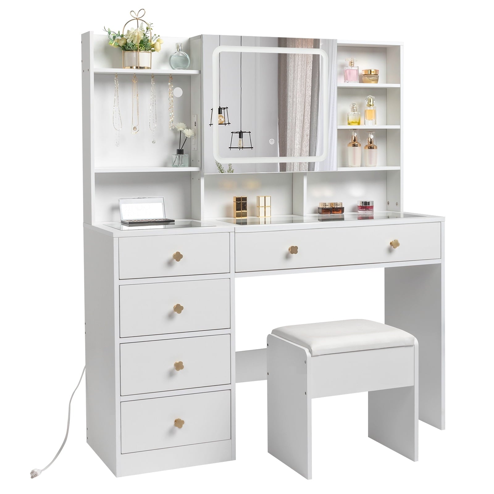 Elevate Your Beauty Routine with Our Large 47.2" Modern Makeup Vanity: 3 Color LED Lights, USB Charging Station, and Ample Storage!
