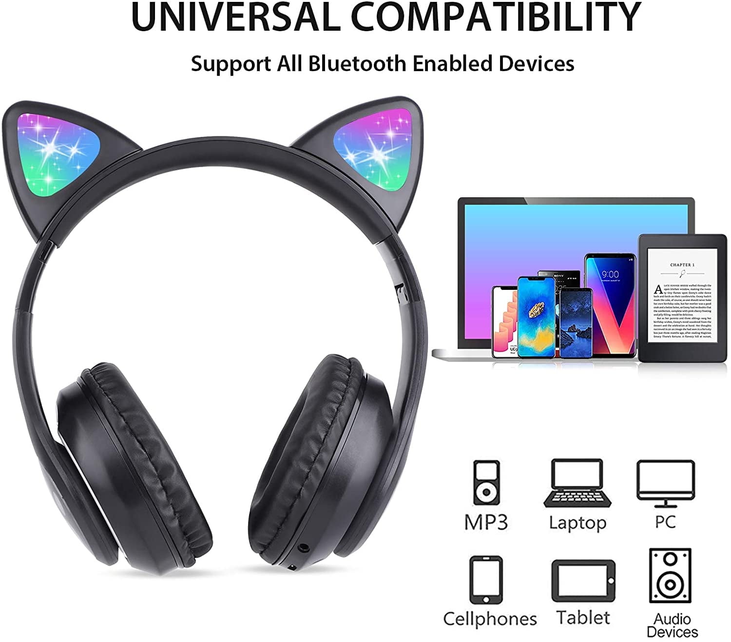 Fun and Stylish Cat Ear Wireless Headphones for Kids - LED Light Up Bluetooth Over-Ear Headphones in Black